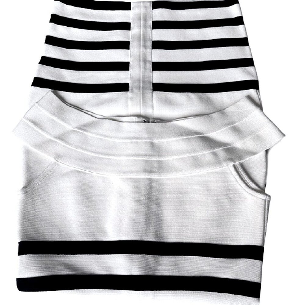 Striped Color-block Bandage Dress Sculpted Fit • Portrait Neck • Boutique Style - Picture 6 of 7
